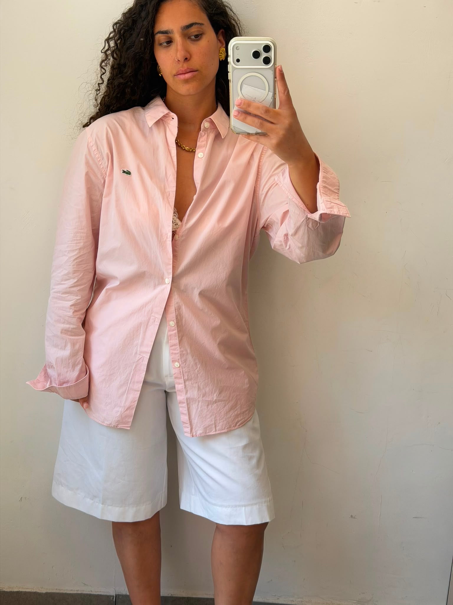 Lacoste Pink Bottom-up long sleeve shirt S-M