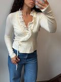 Cream Wrap Top Ruffle Long Sleeve Shirt Size S