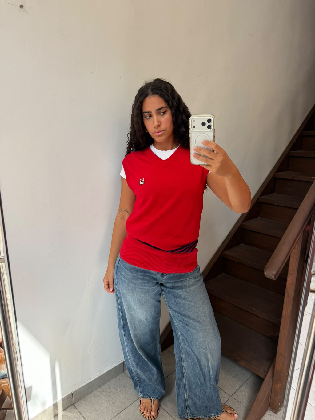 Vintage Red FILA White Line Tennis Sweater Size M