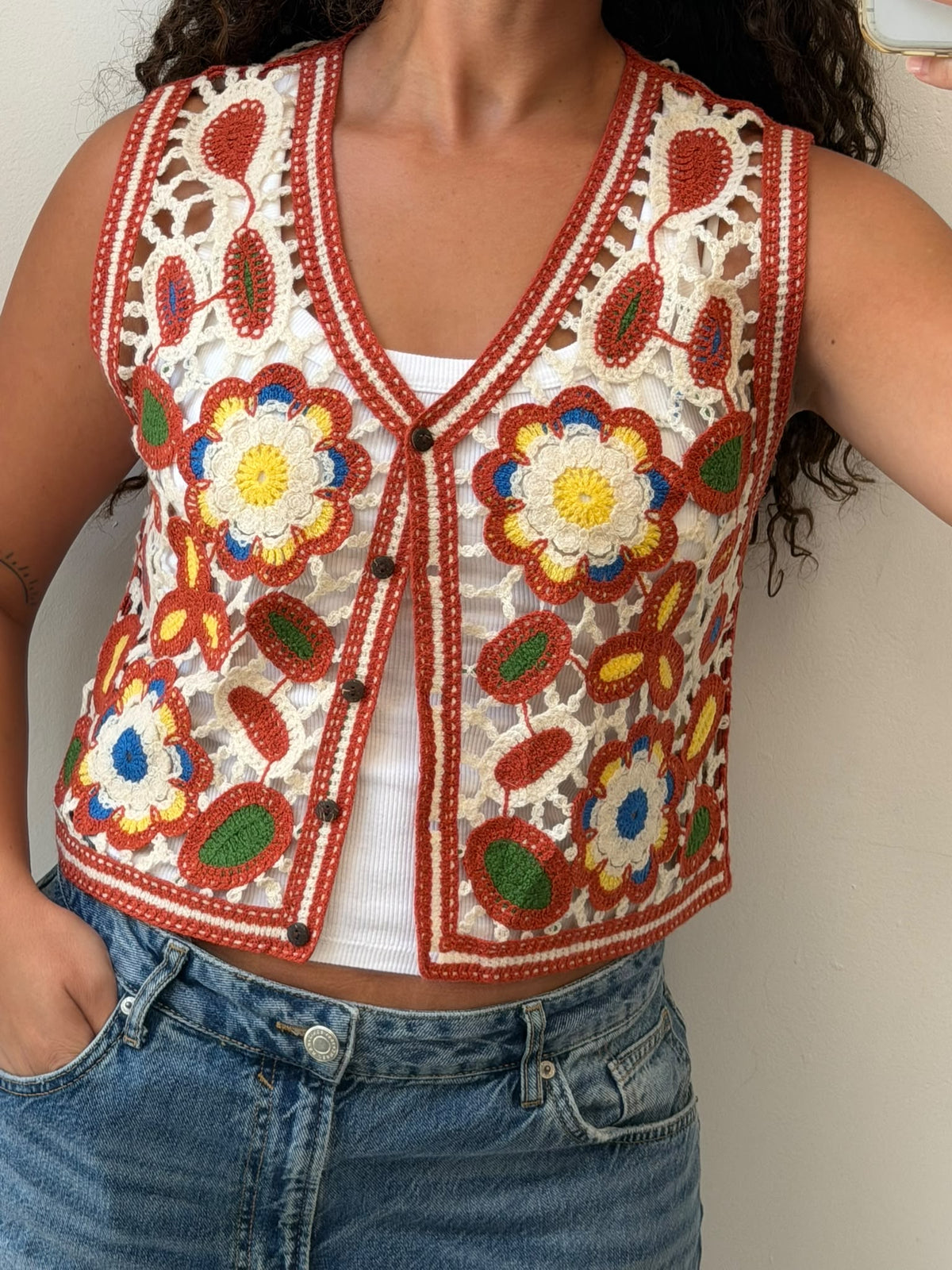 Floral crochet button up tank top size L