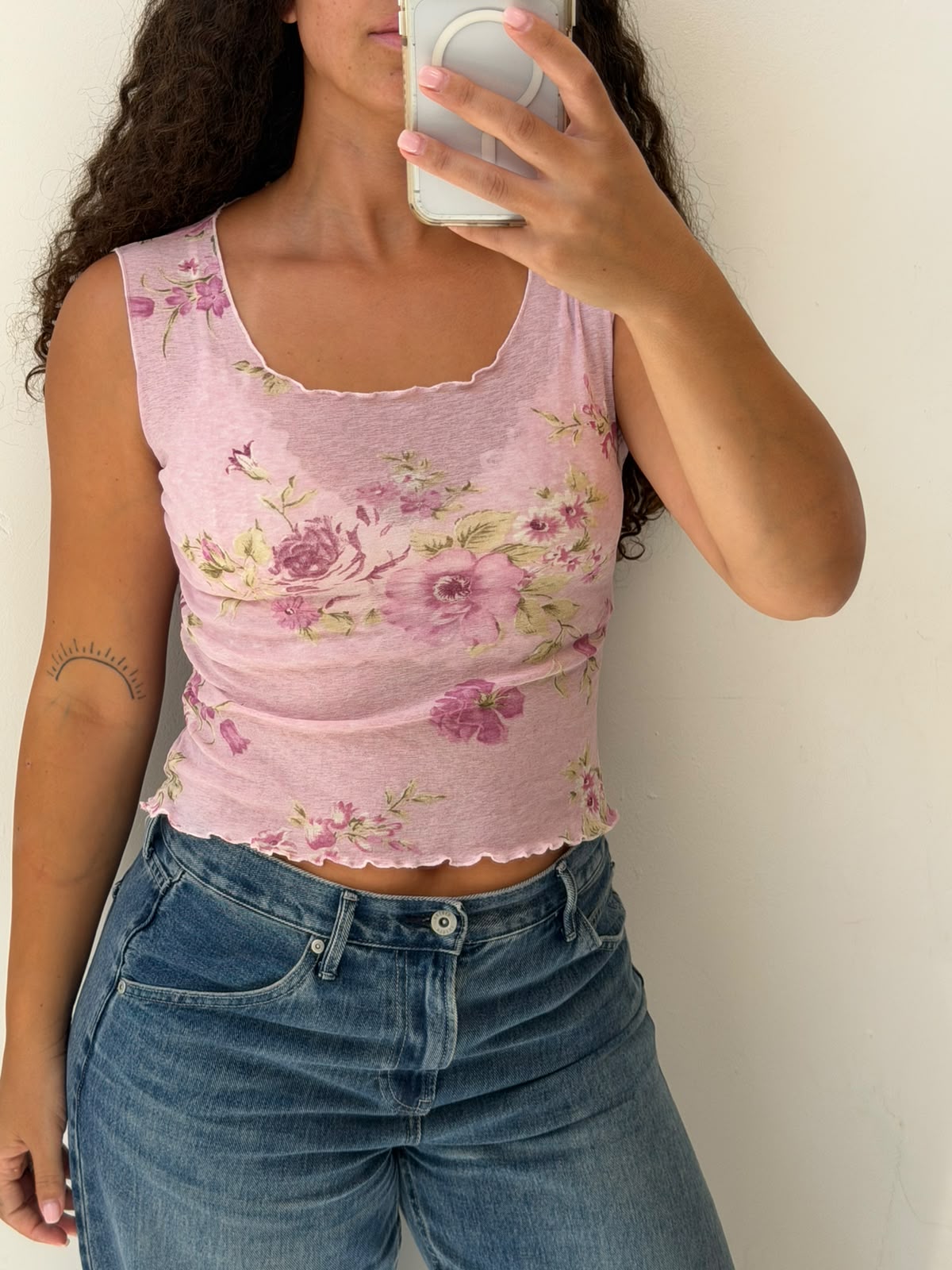 Mesh pink floral tank top size S-M
