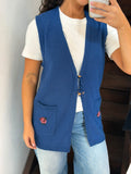 Blue Knit Vest Tie Front Beaded Rose Pocket Cardigan Size L