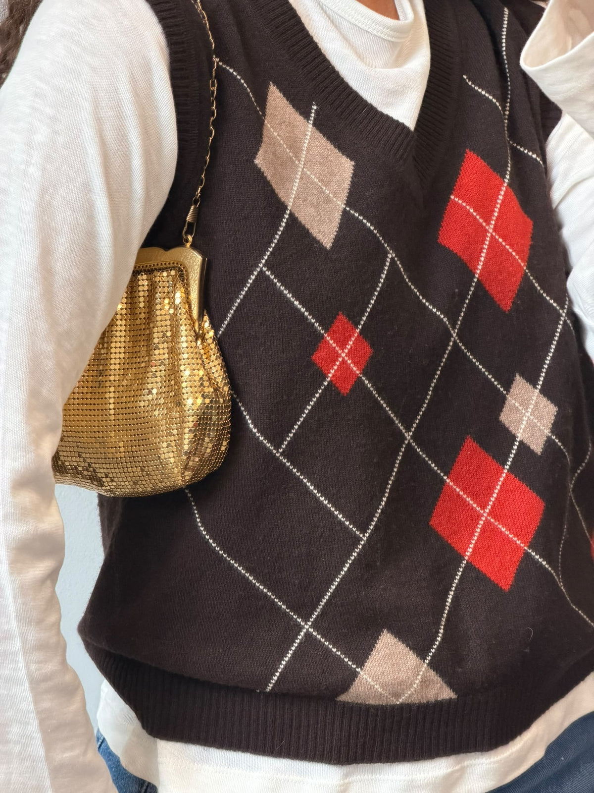 Brown Argyle Knit Vest V-Neck Sleeveless Sweater Size L