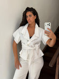 White Linen Ruffled Wrap Blouse with Waist Tie Size M