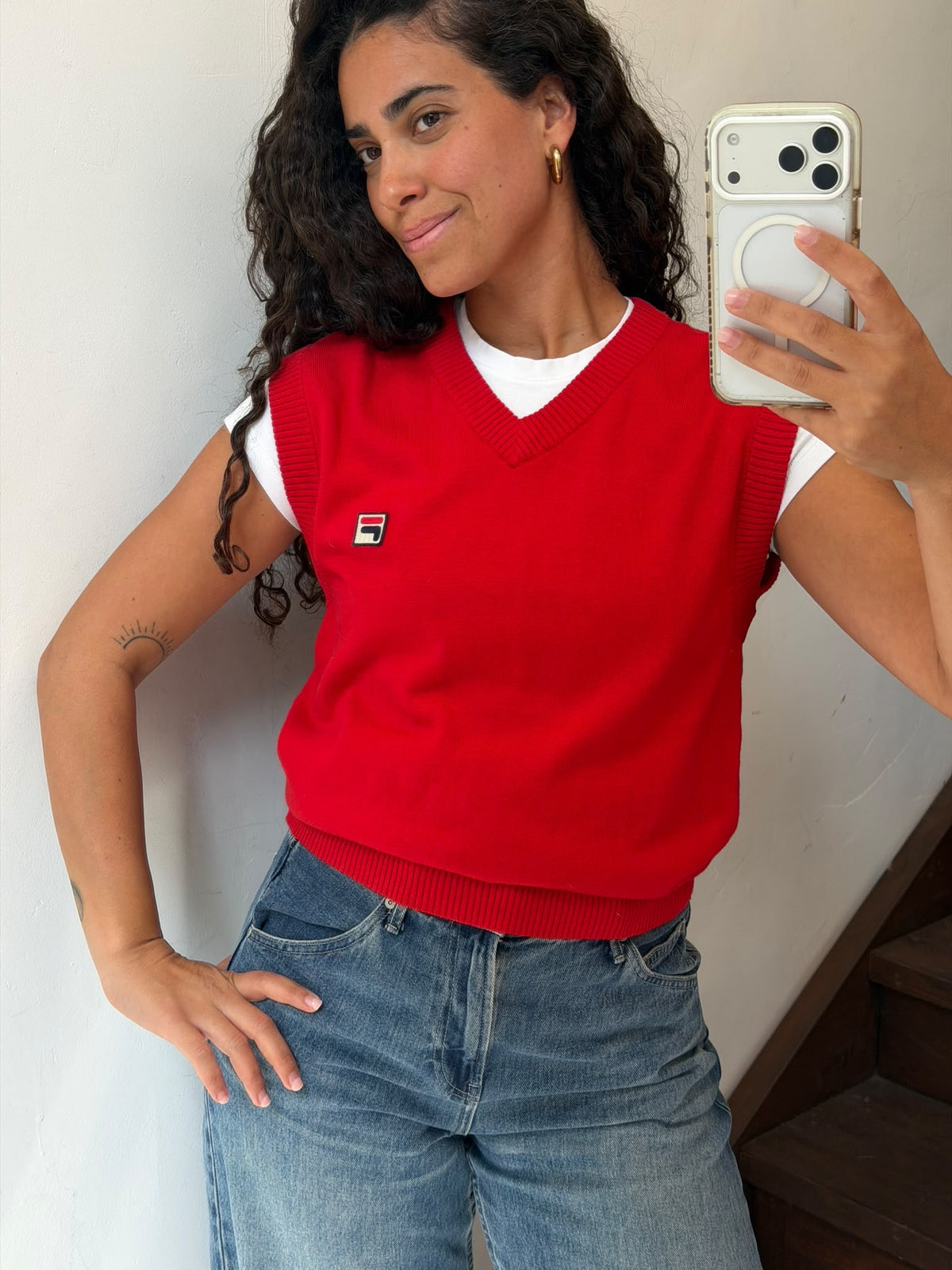 Vintage Red FILA White Line Tennis Sweater Size M