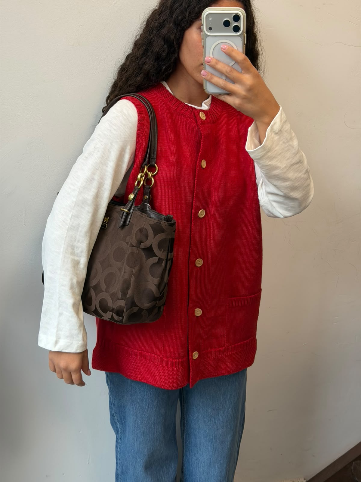 Red Knit Vest Button Up Sleeveless Cardigan Size XL