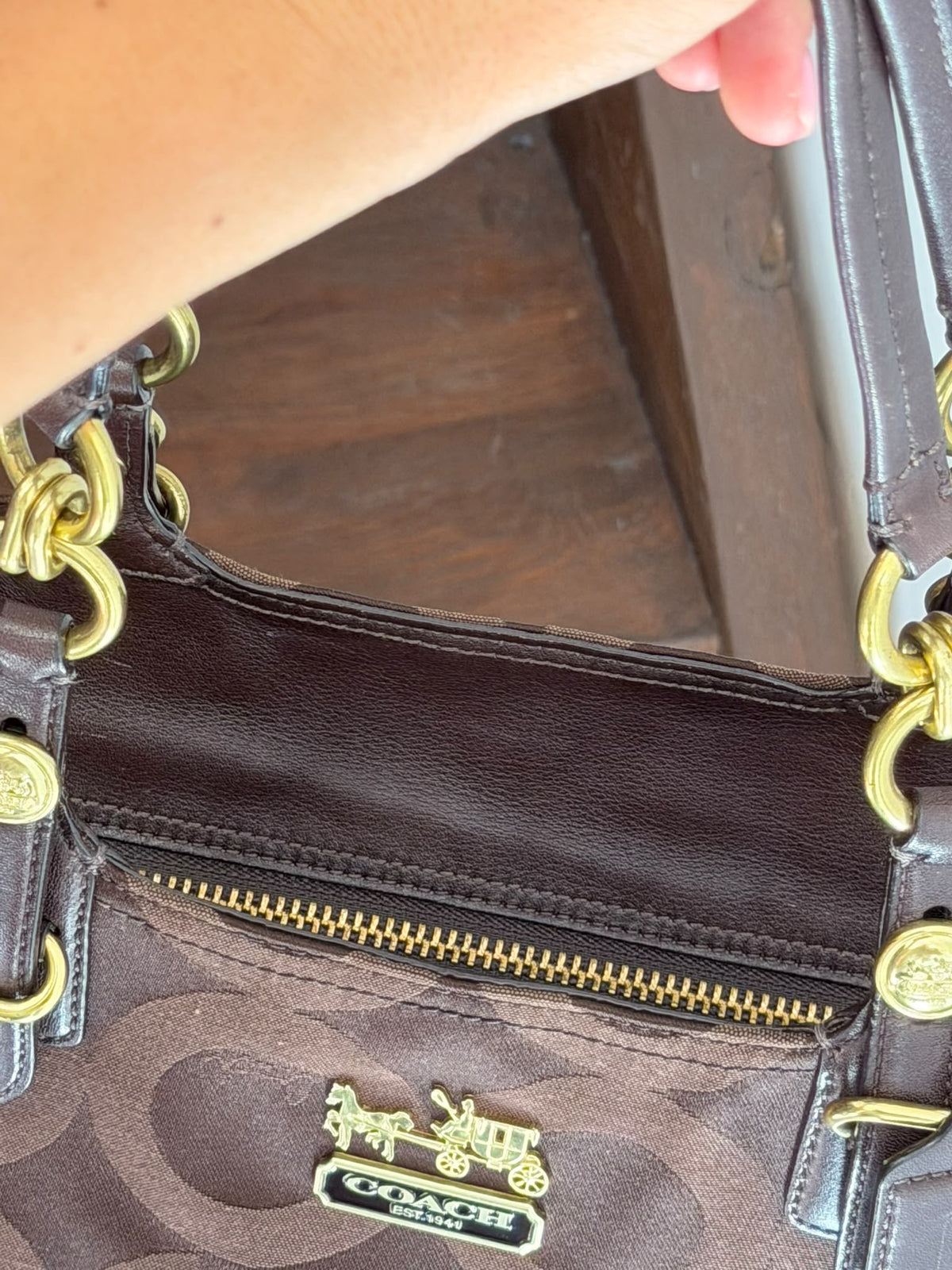 Vintage COACH Signature Tote Bag Dark Brown & Gold Hardware