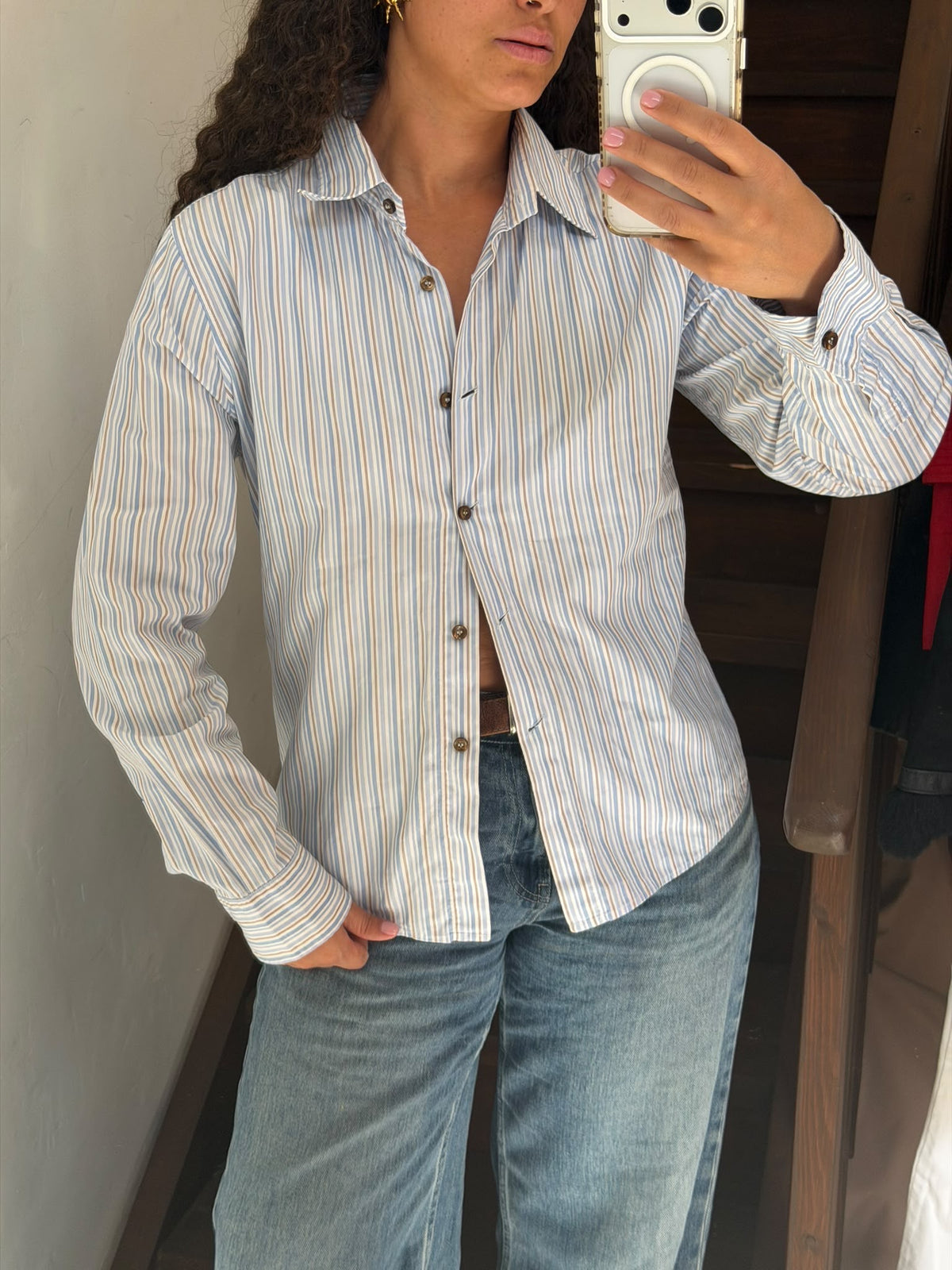 Classic Striped Long Sleeve Button-Down Shirt Size M