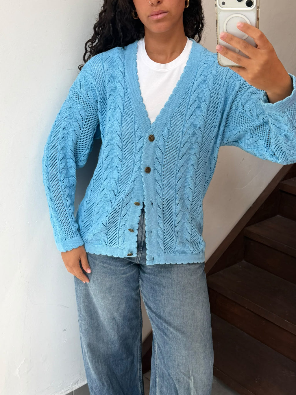 Light Blue Knit V-Neck Button Up Cardigan Size M