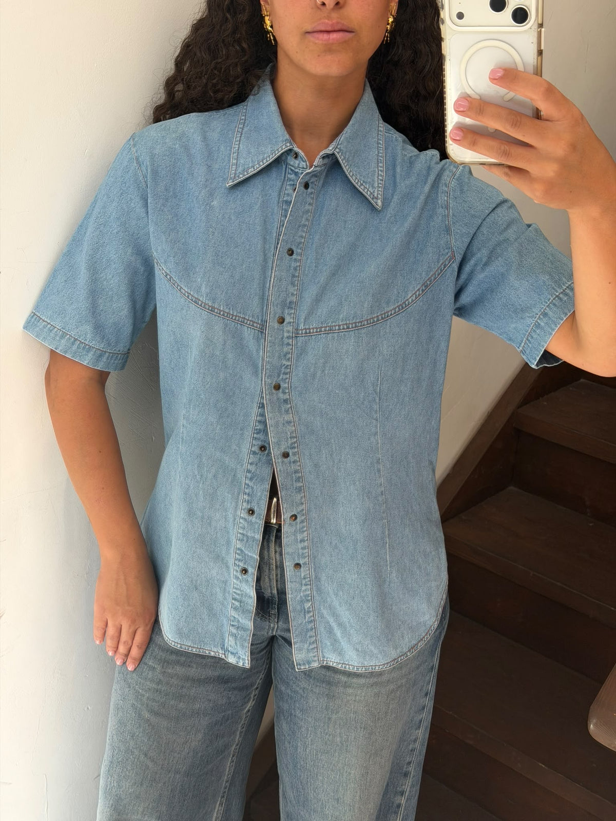 Short Sleeve Western Denim Button Up Shirt Size M
