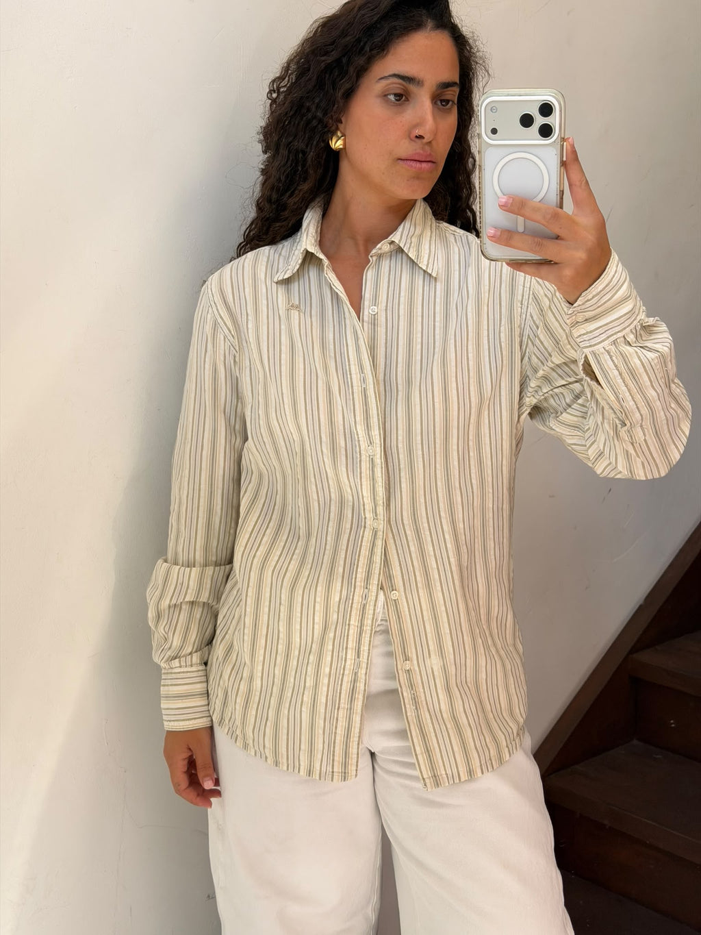 White stripes Button Up Shirt Size L
