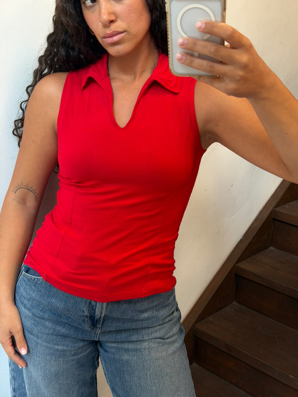 Red Sleeveless Polo Top with V-Neck Collar Size S