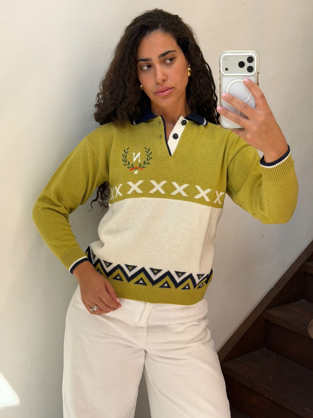White And Green Polo Sweater With Logo Embroidery Size M