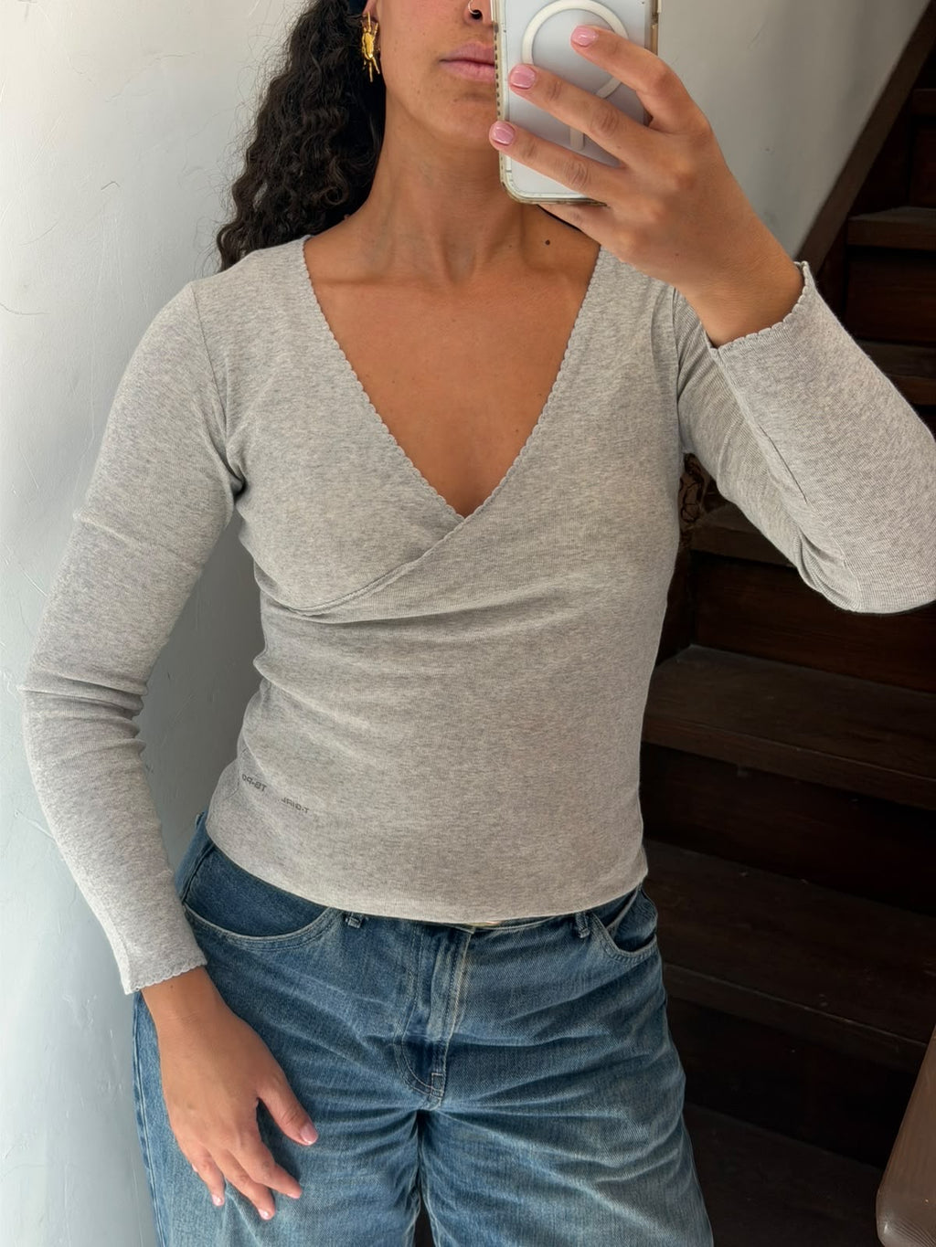 Grey Long Sleeve Wrap Top Size XS
