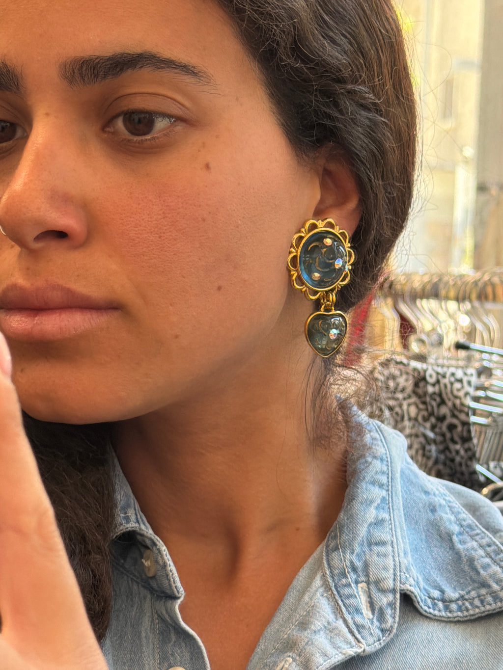 Gold Colored Earrings with Blue enamel