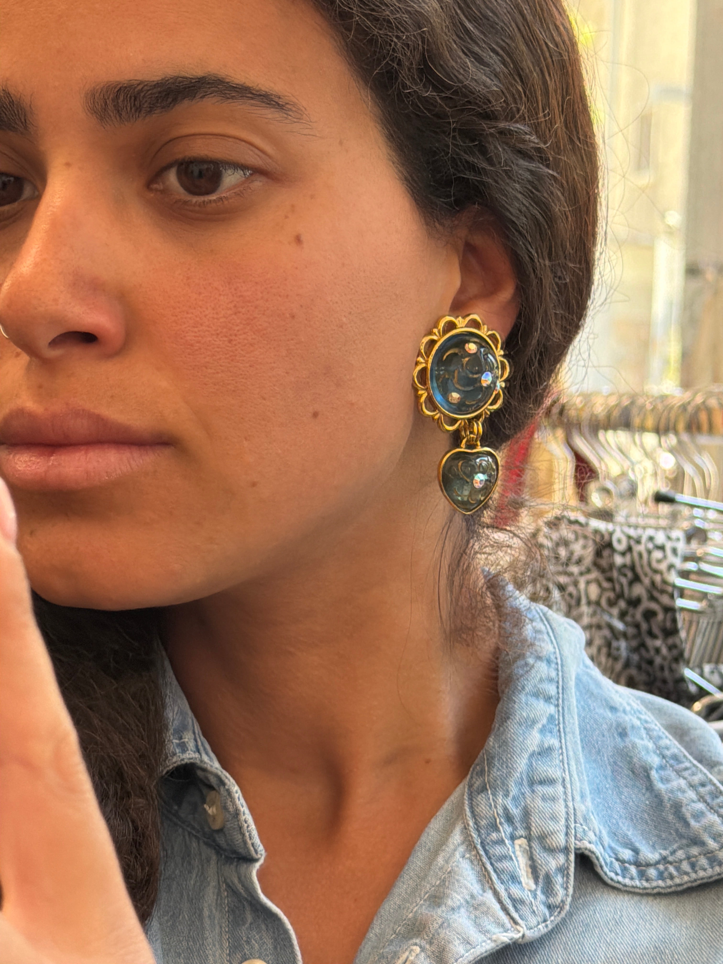 Gold Colored Earrings with Blue enamel