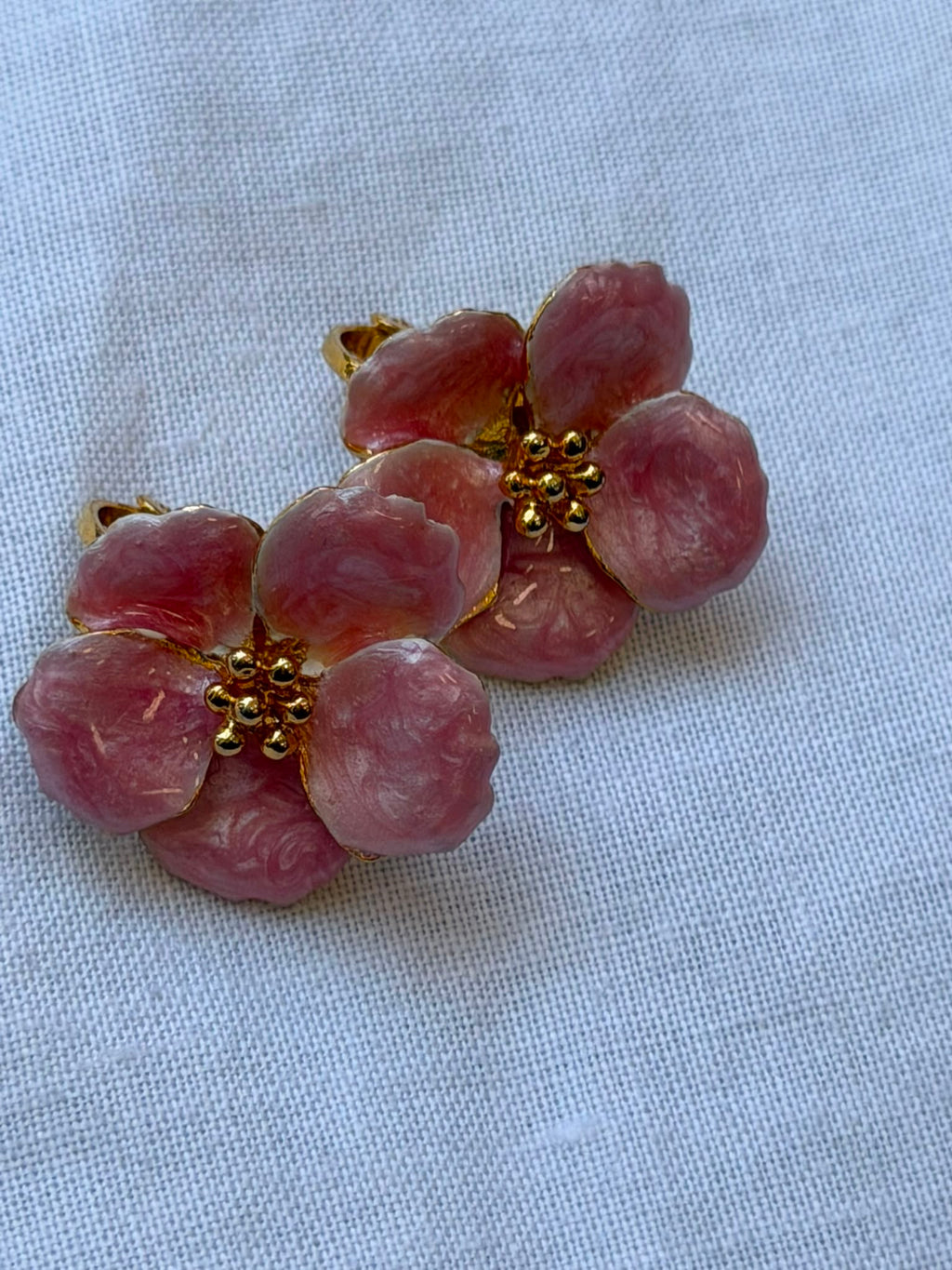 Pink Flower Gold Colored Earrings