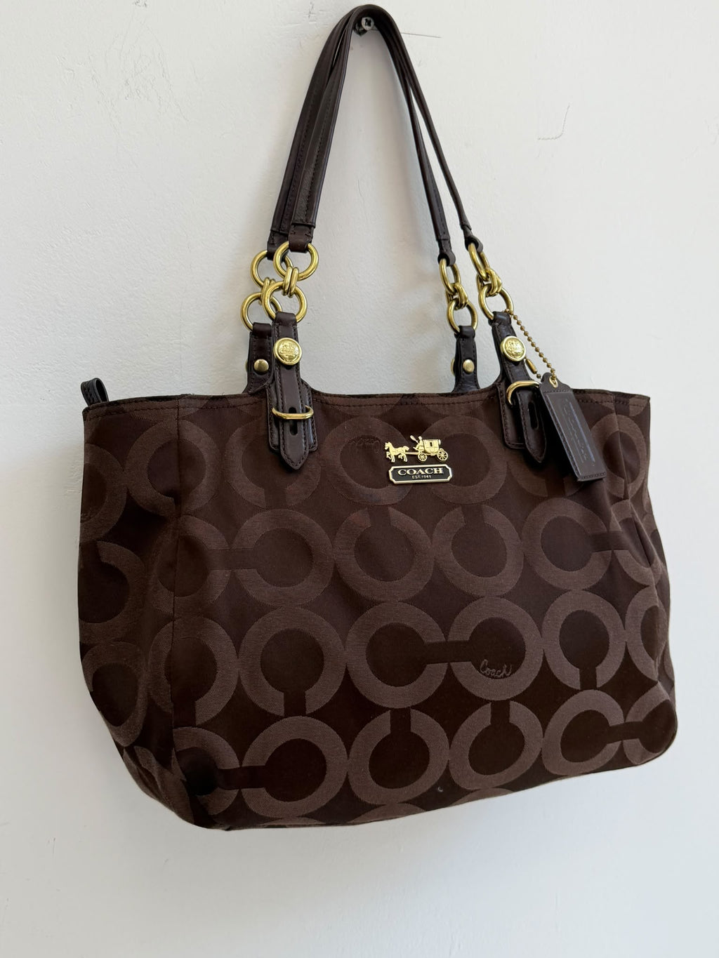 Vintage COACH Signature Tote Bag Dark Brown & Gold Hardware