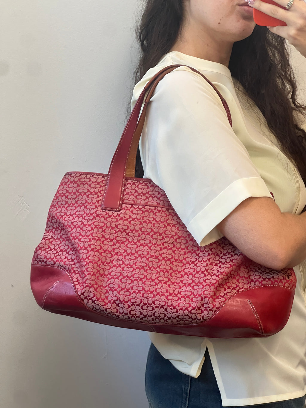 Coach Mini Signature C Tote Bag in Cherry-Red