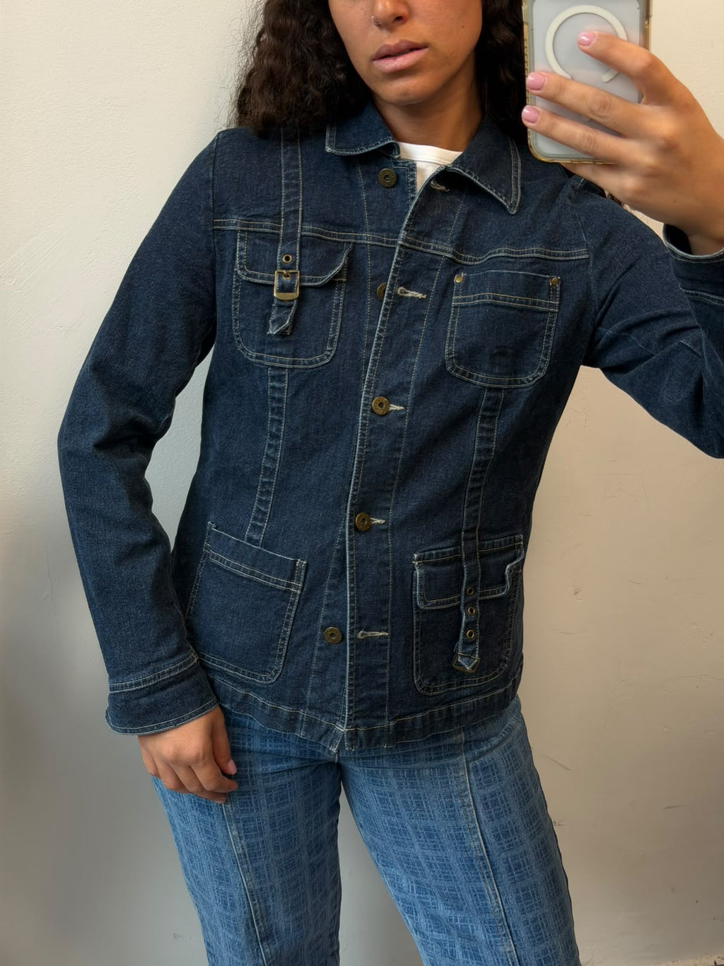 Dark Wash Denim Jacket Utility Multi Pocket Coat Size S