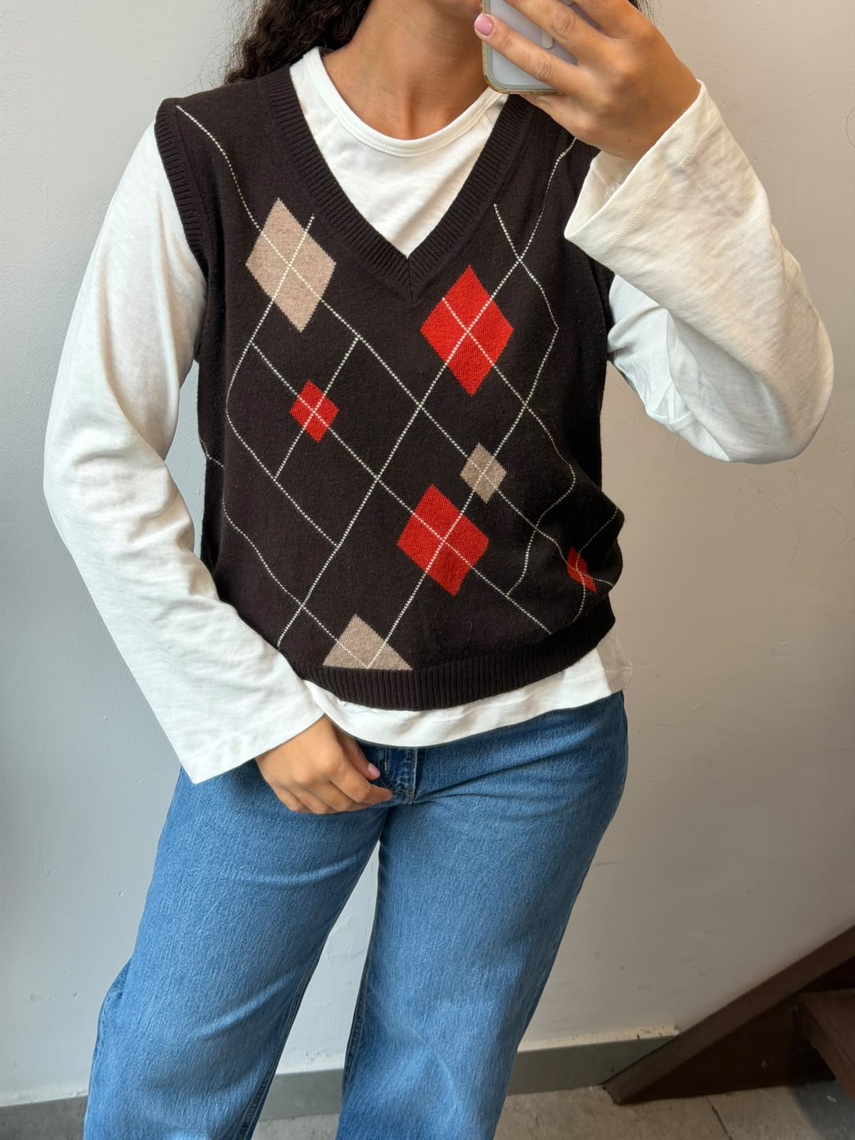 Brown Argyle Knit Vest V-Neck Sleeveless Sweater Size L