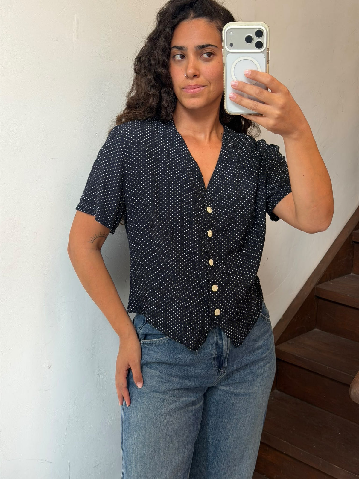 Polka Dot Short Sleeve V-Neck Button Up Blouse Size M