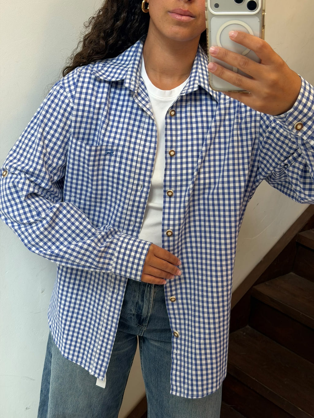 Blue and White Gingham Plaid Button-Down Shirt Size L