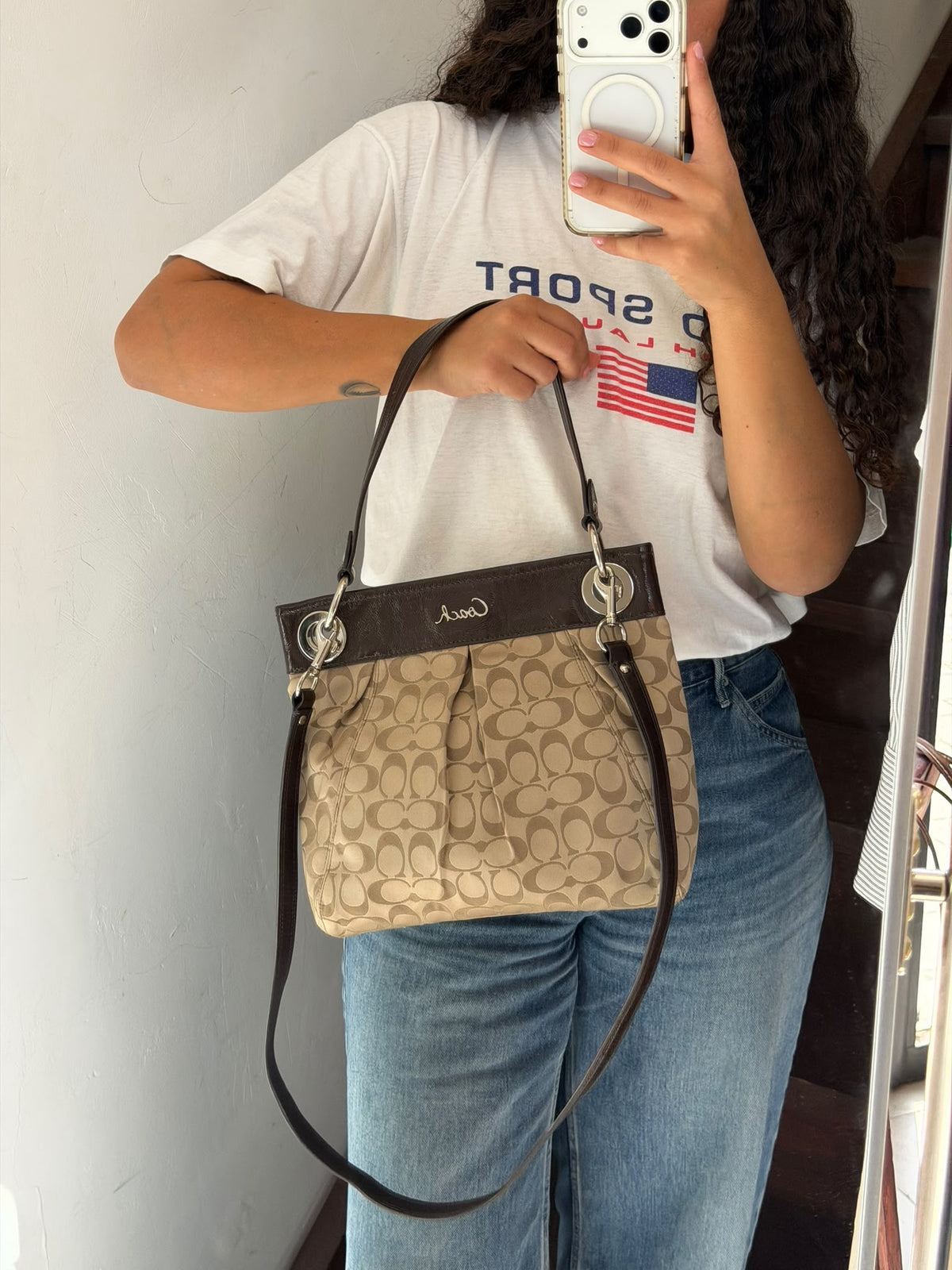 COACH Signature Taylor Pleated Tote Bag Beige & Silver Hardware