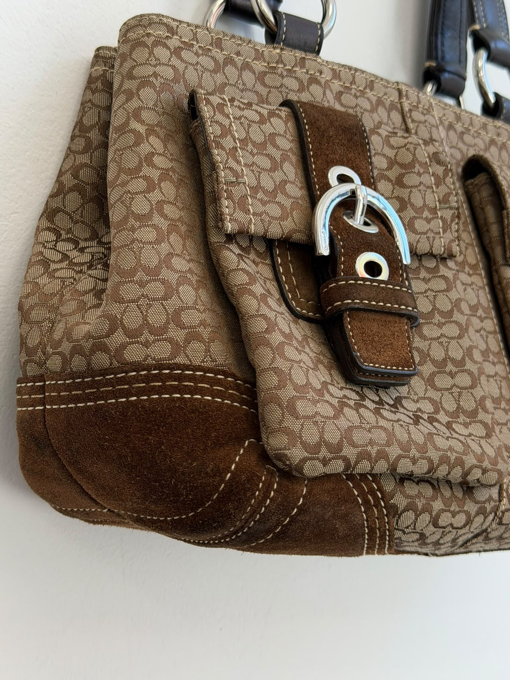 Vintage Coach Signature Soho Buckle Satchel Bag  Brown Canvas & Suede