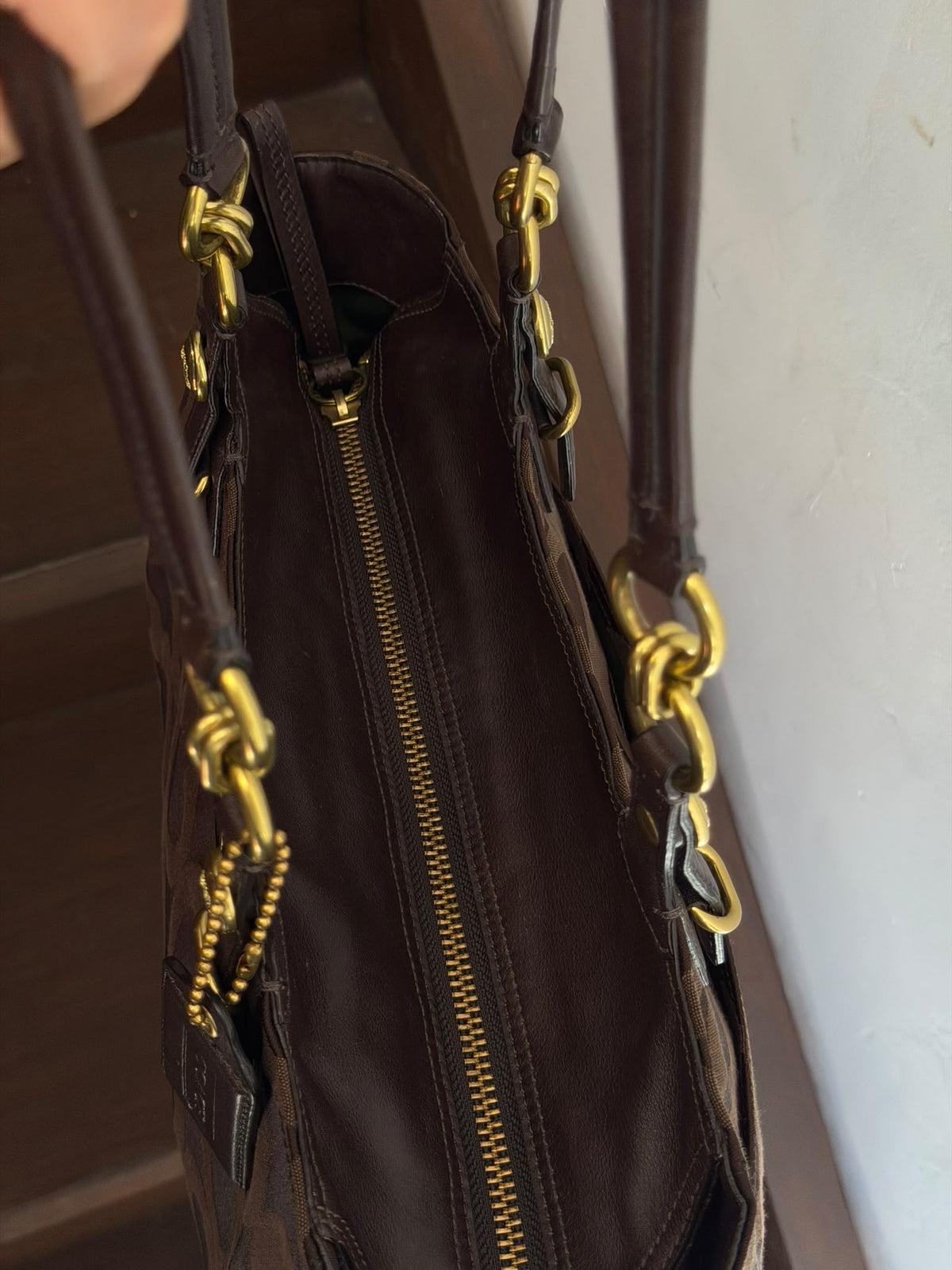 Vintage COACH Signature Tote Bag Dark Brown & Gold Hardware