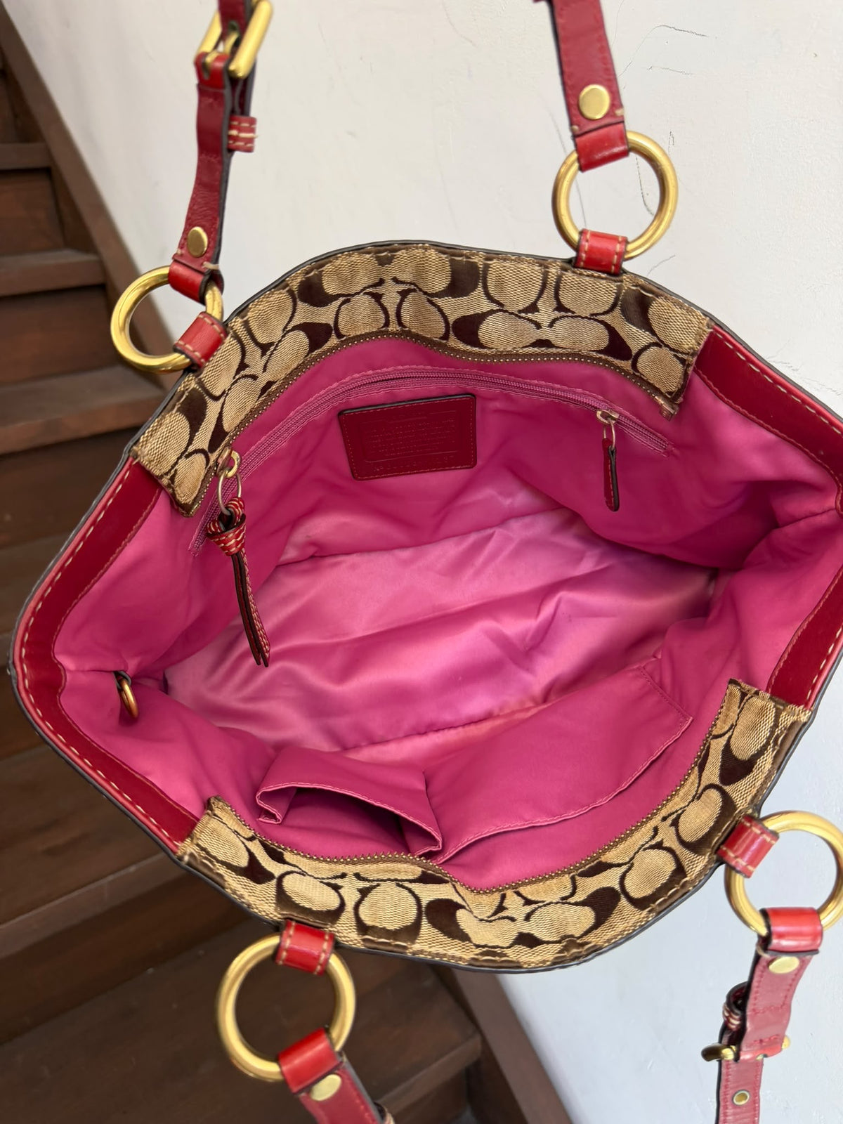 Vintage COACH Signature Hampton Buckle Tote Bag Khaki & Red Leather