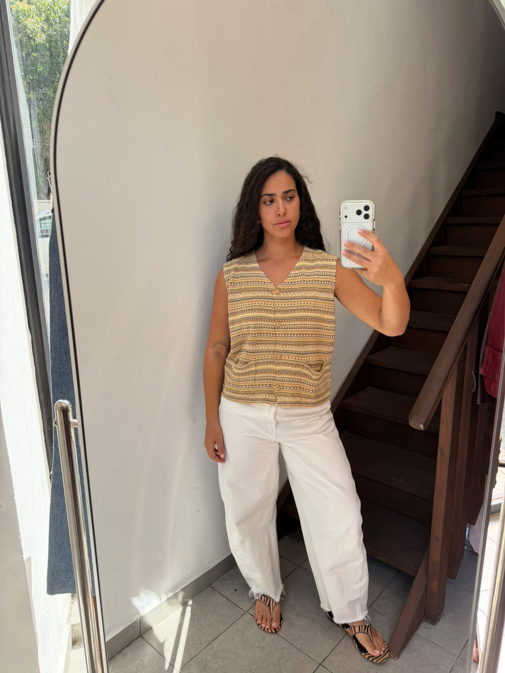 Beige And Brown Striped Button Up Silk Vest Size L