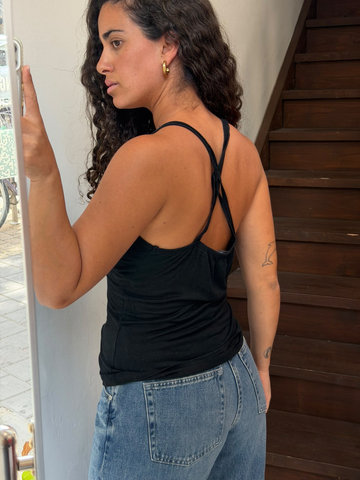 Black Halter Neck Top with O-Ring Details and Criss-Cross Back Size S