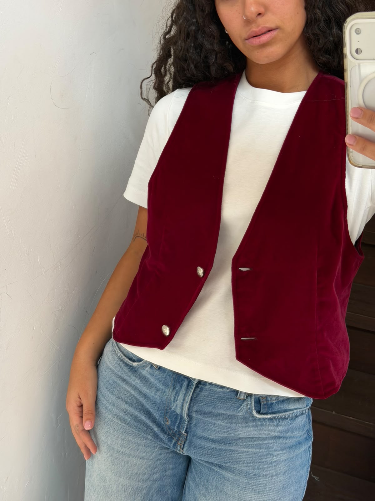 Burgundy Velvet Vest Button Up Sleeveless Waistcoat Size M