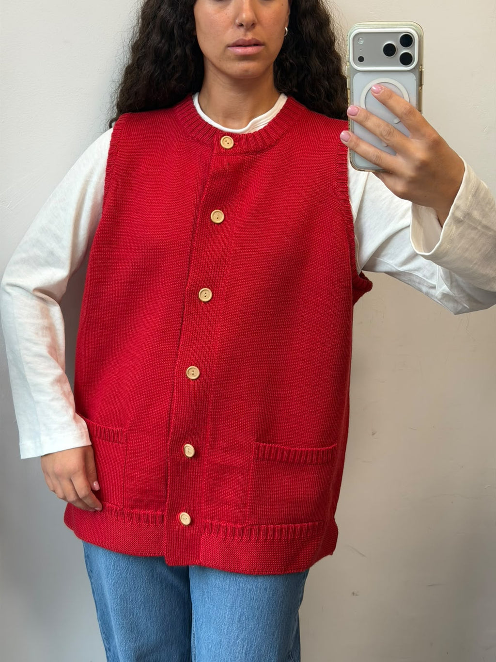Red Knit Vest Button Up Sleeveless Cardigan Size XL