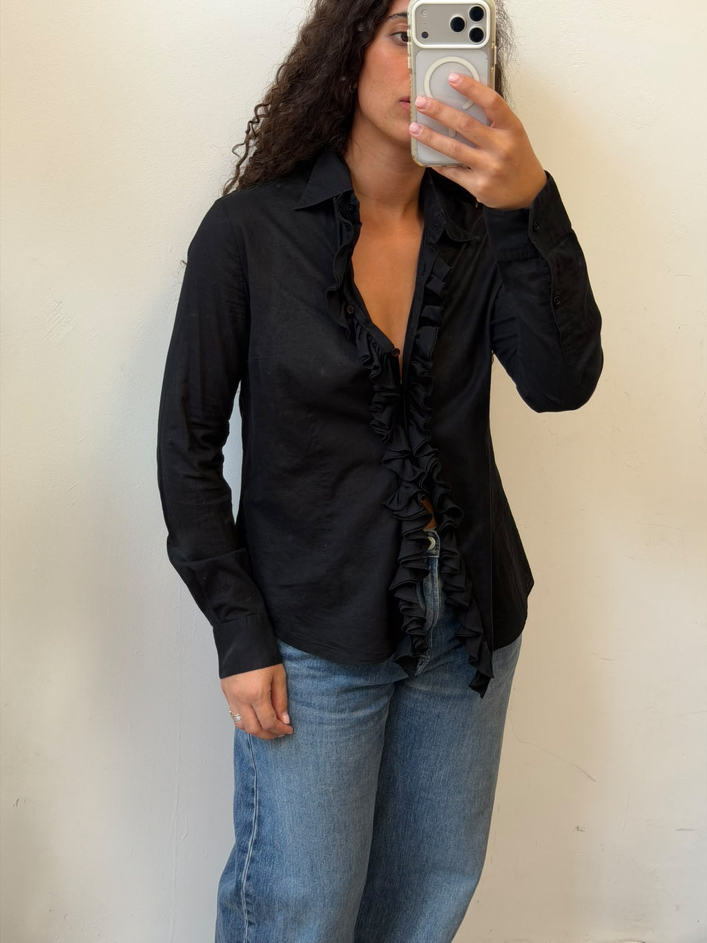 Black Button Up Shirt With Raffles Size M