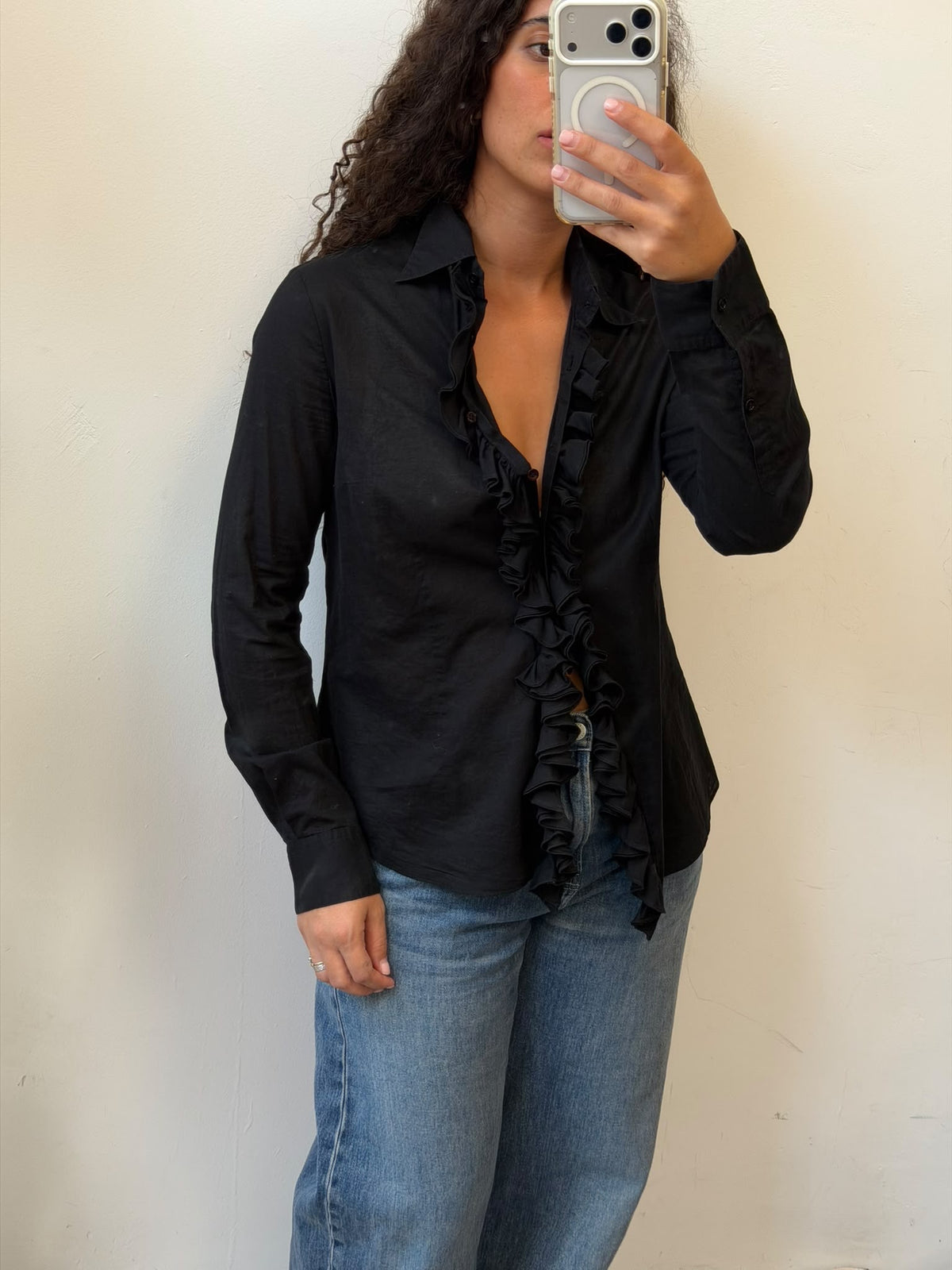 Black Button Up Shirt With Raffles Size M