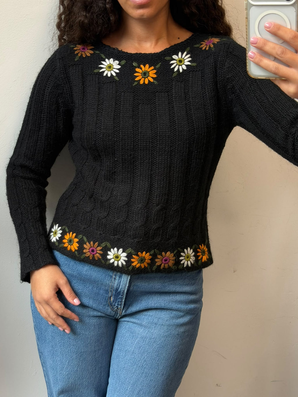 Black Knit Sweater Floral Embroidered Crewneck Size s
