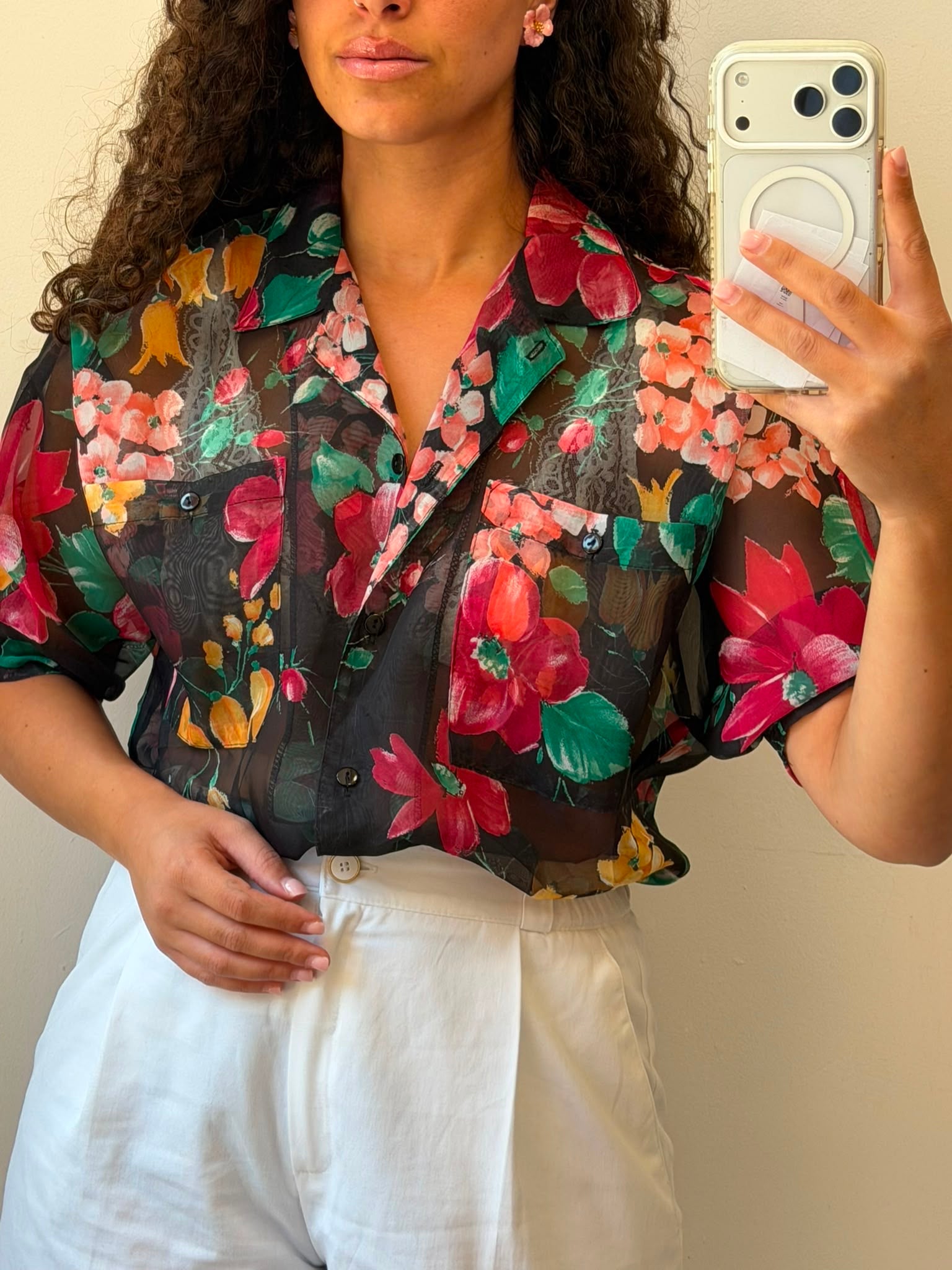 Flowry Botton-up See-Through Shirt L-XL