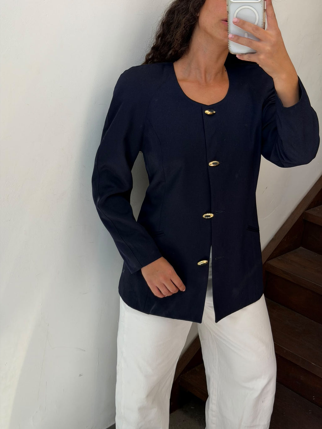 Collarless Navy Blazer with Gold Buttons Size S