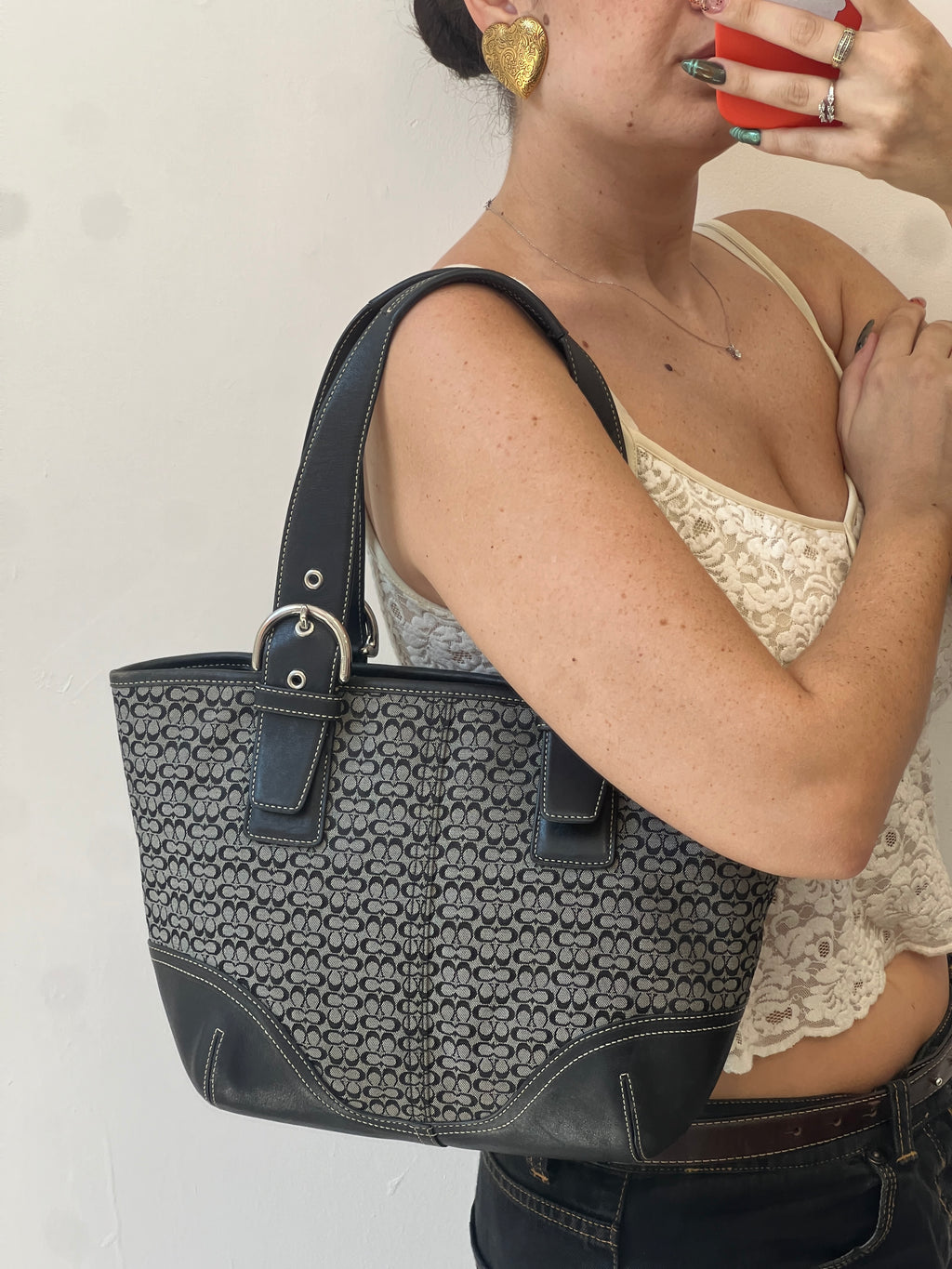 Coach Canvas Mini C Tote in Black-Grey Monogram