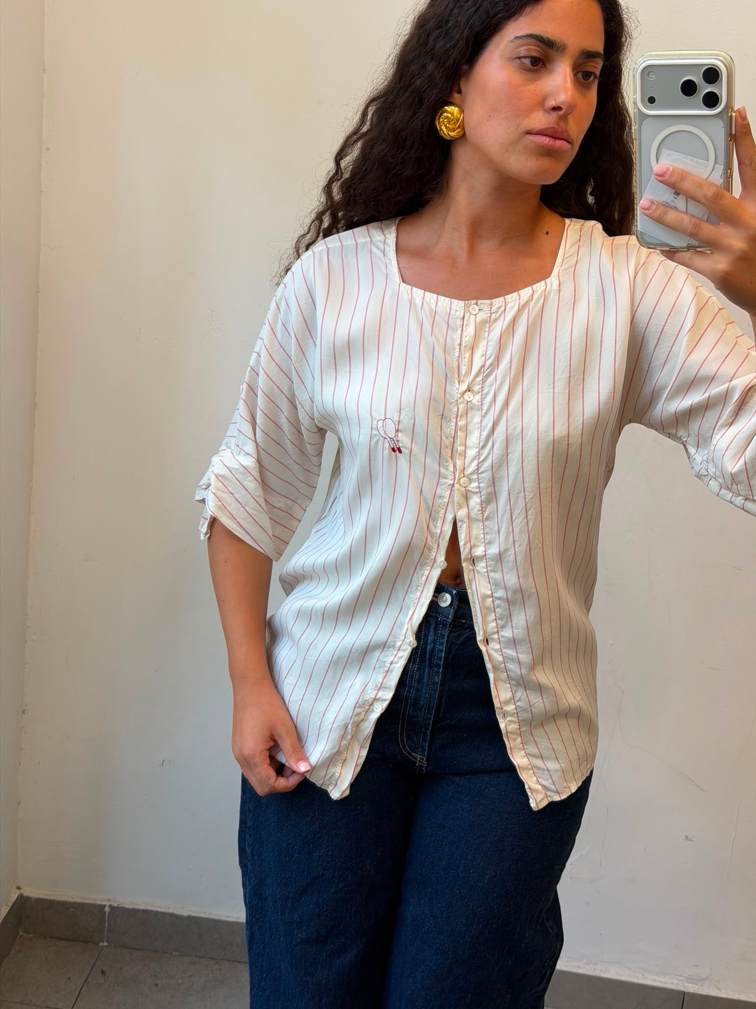 Silk Striped Bottom-up shirt in Cream&Red M