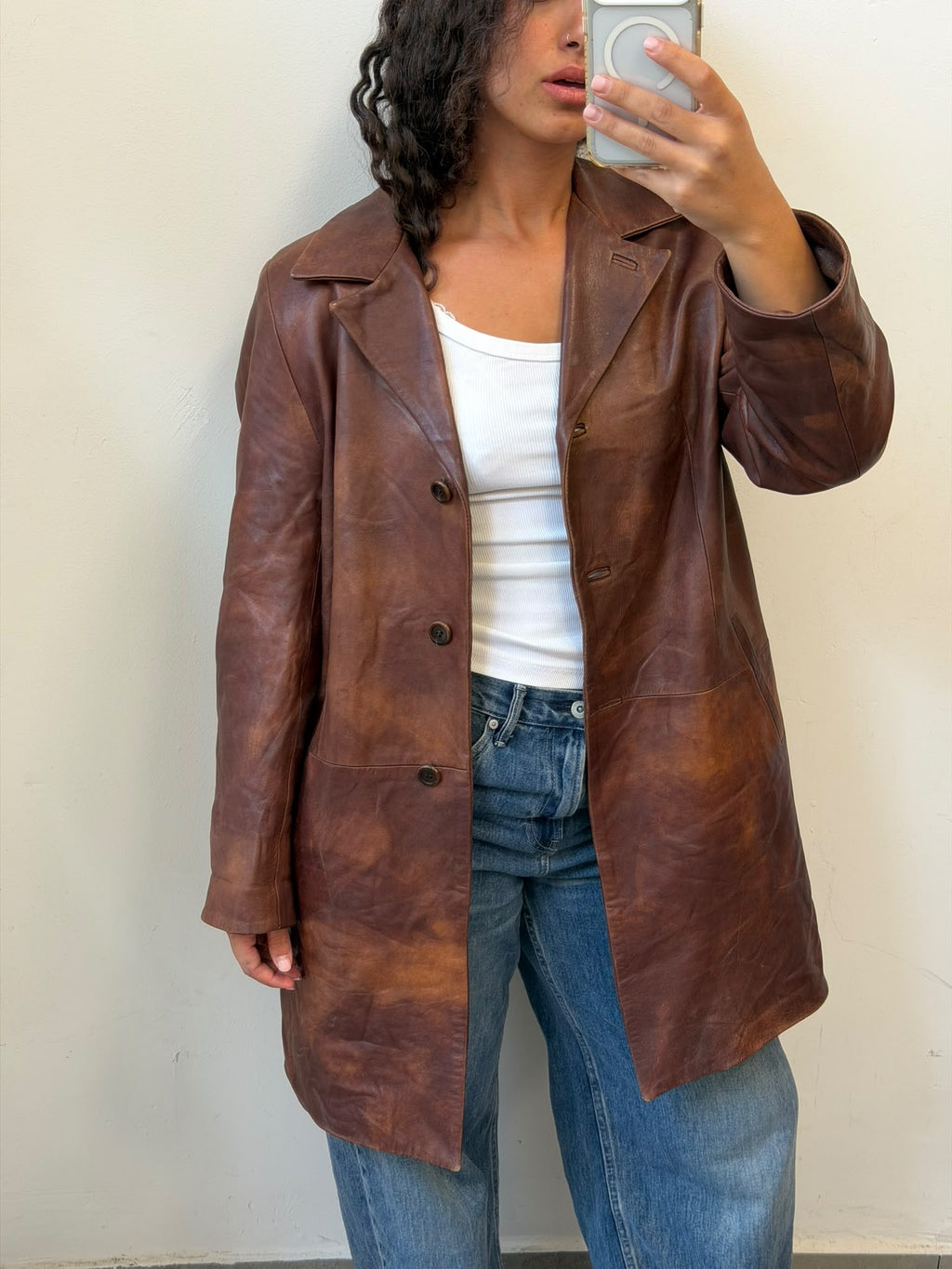 Brown Leather Trench Coat Size L