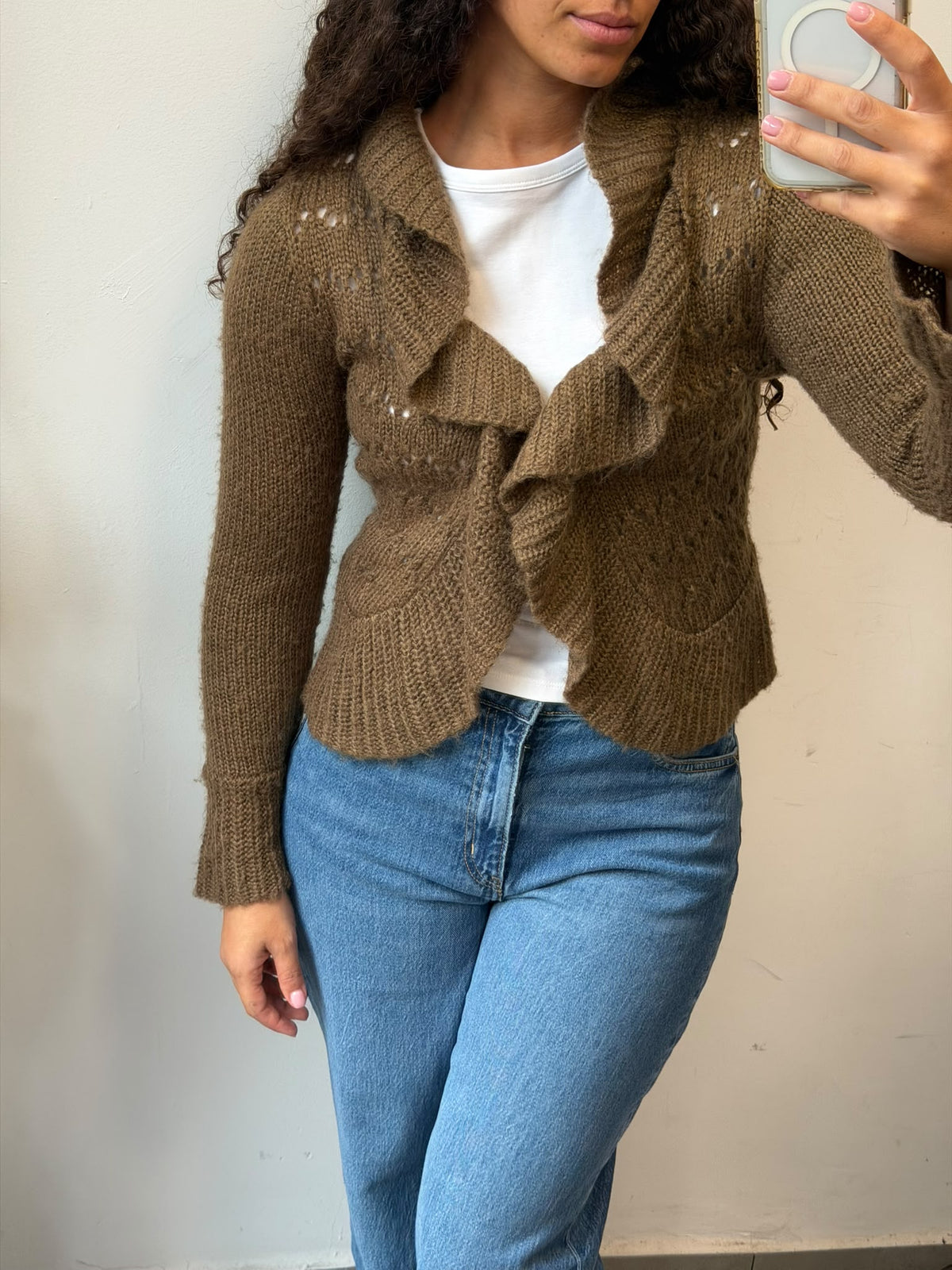 Brown Ruffle Knit Cardigan Open Front Sweater Size S
