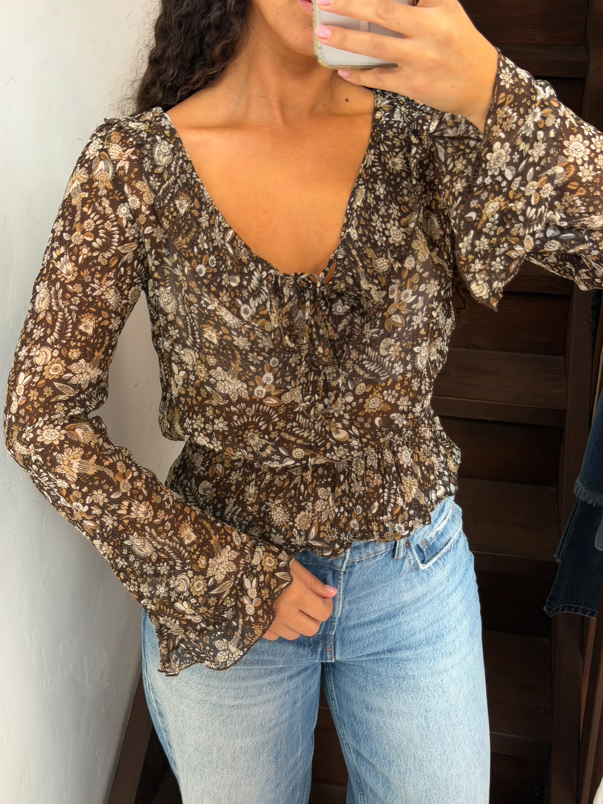Brown Sheer Floral Blouse Smocked Waist Tie Neck Shirt Size M