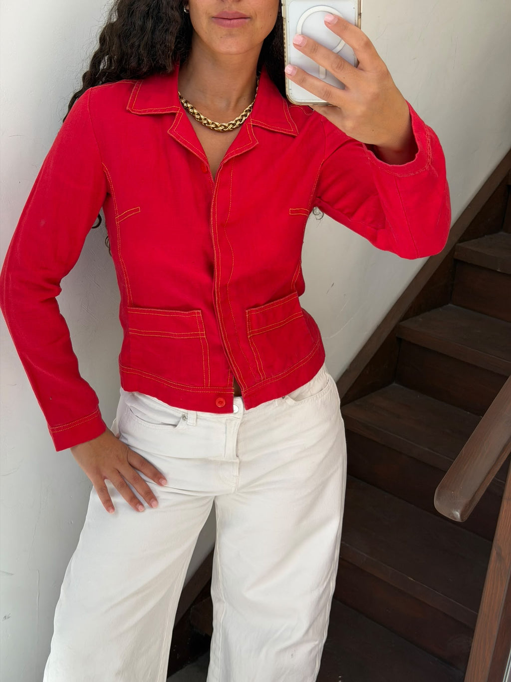 Linen Red Jacket With Yellow Stitching Size S
