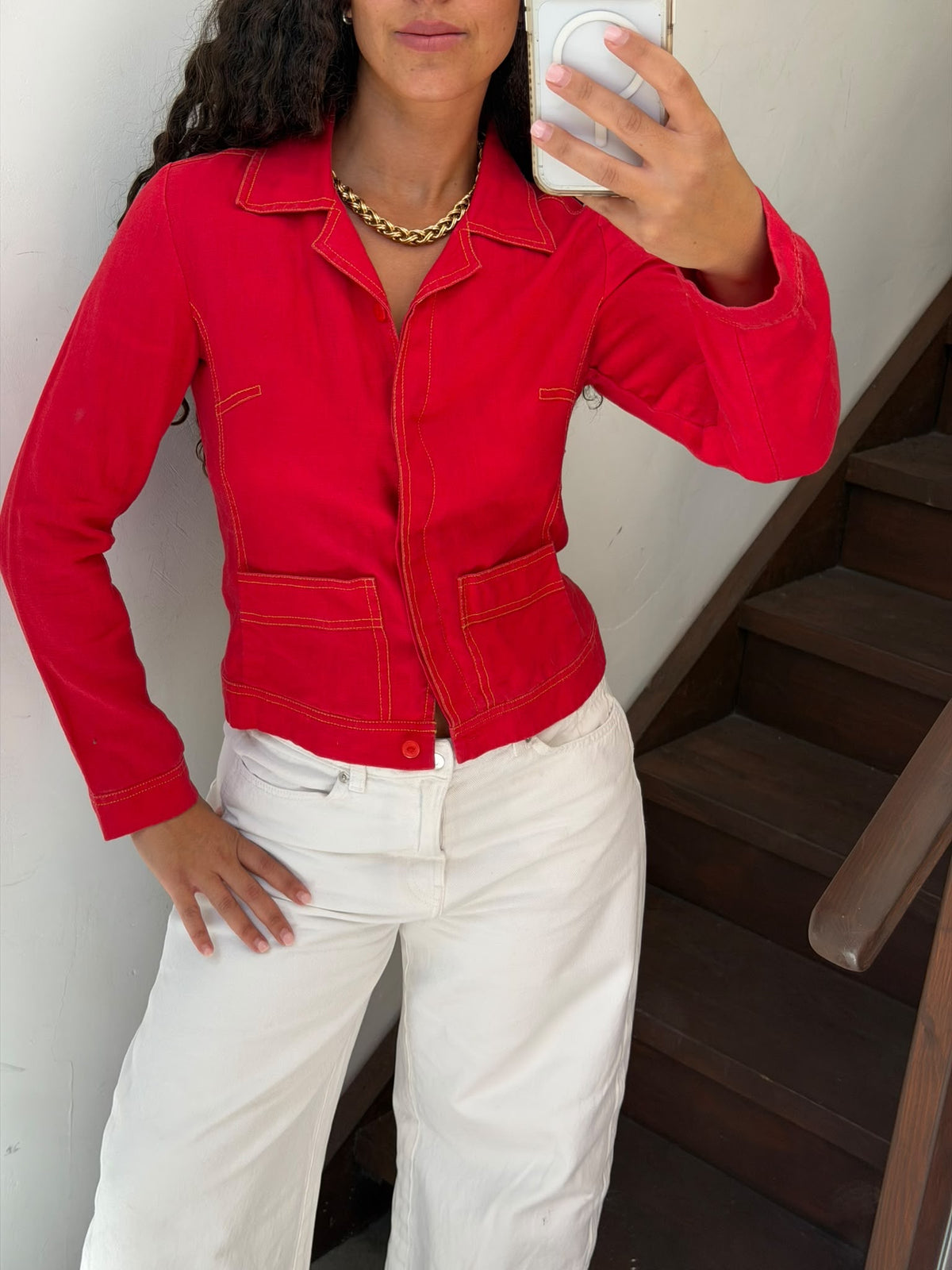 Linen Red Jacket With Yellow Stitching Size S