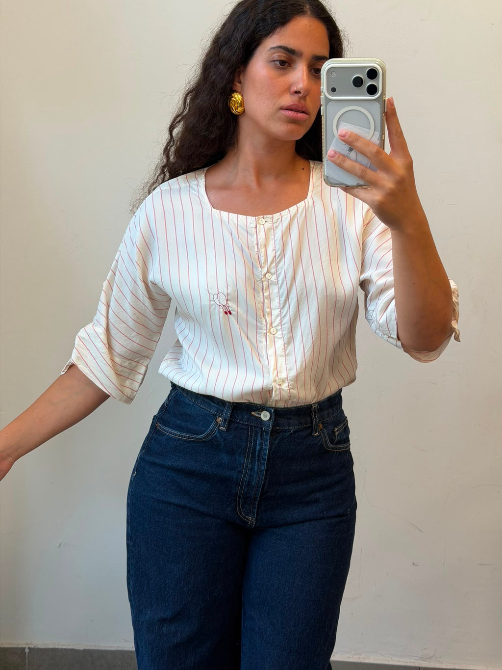Silk Striped Bottom-up shirt in Cream&Red M