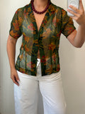 Flowery See-Through Botton-up Short Sleeve Shirt M-L