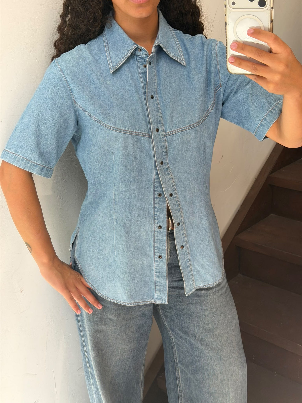 Short Sleeve Western Denim Button Up Shirt Size M
